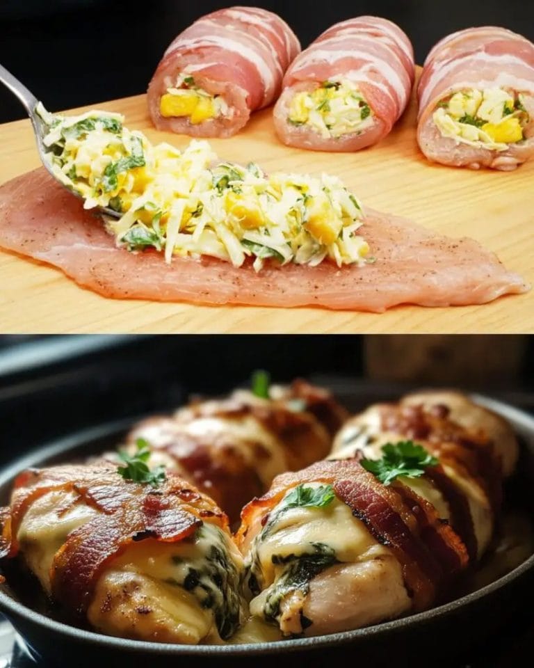 Discover how to make chicken breast stuffed with cheese and spinach, wrapped in crispy bacon. A mouthwatering low-carb meal that’s perfect for dinner or meal prep!