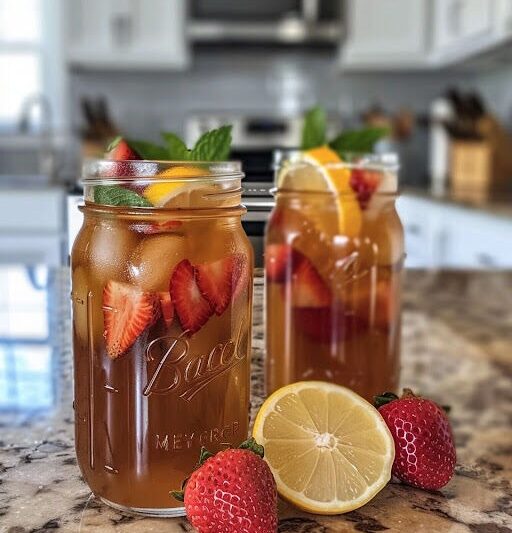 “Passing Down Sweet Traditions: Nana’s Irresistible Strawberry Iced Tea in Mason Jars”